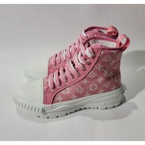 Louis Vuitton denim Squad Hi Top Sneakers Pink Monogram Sz 41 Womens